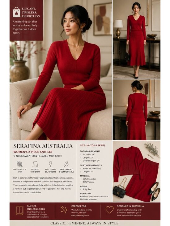 Serafina Australia Dresses & Skirts - Serafina Australia Red Knit 2 Piece Skirt Set Size 10 Pleated Midi Sweater